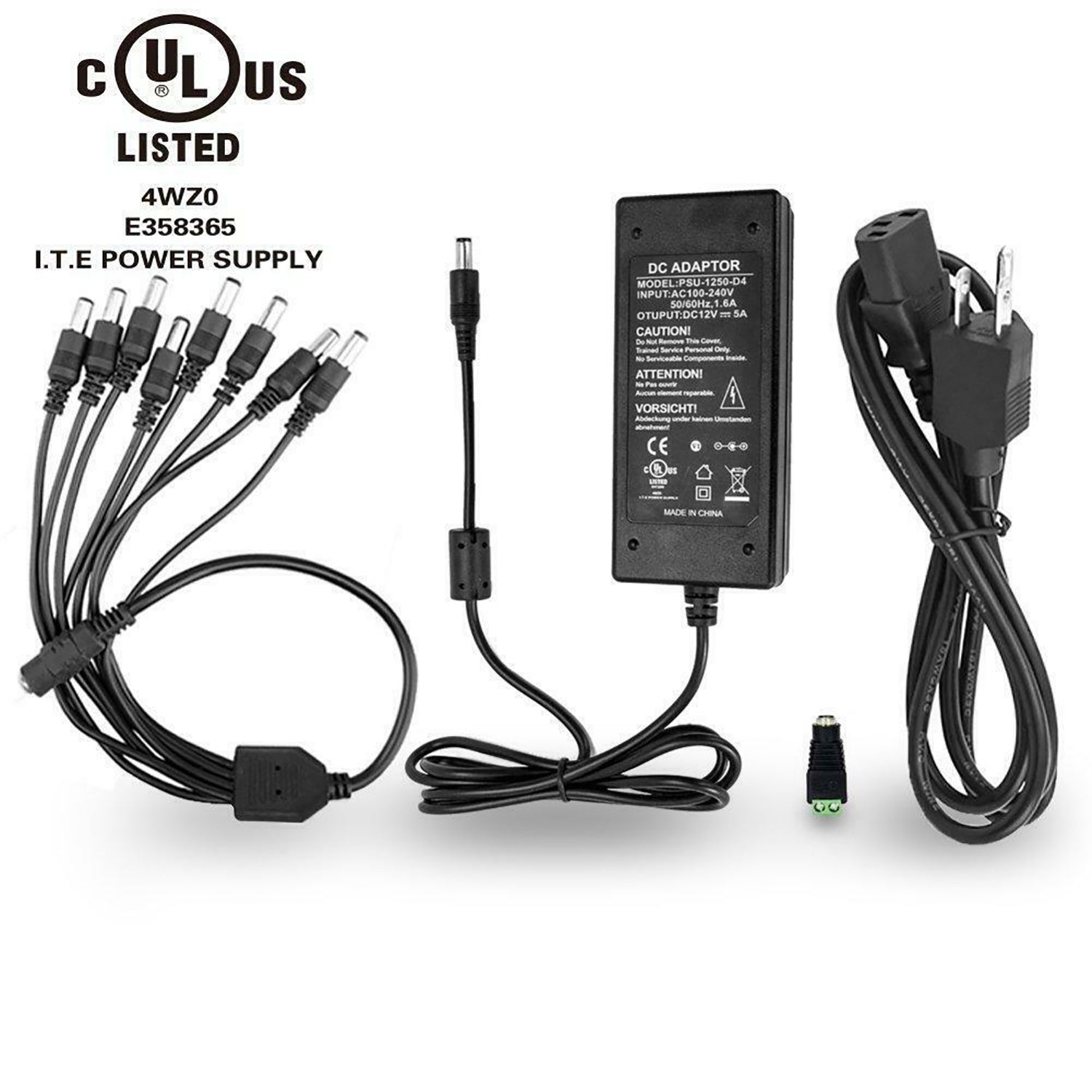 PSU-1250-D4 AC to DC 12V 5A Power adapter for CCTV camera UL Listed–